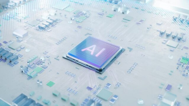 Futuristic Colorful Glass AI Accelerated Microchip Connecting with a PCB and Powering Entire System. CPU Connection with White Motherboard with Colorful Glass Components. Chip Activates Circuit Board.