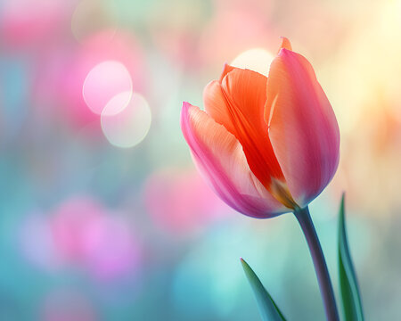 Closeup of blooming tulip flower in spring on pastel, Closeup of blooming tulip flower in spring on pastel background.