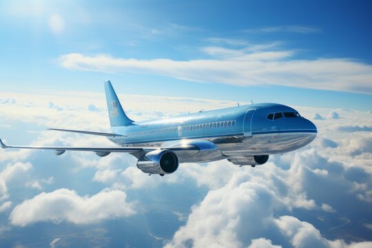 Close-up of passenger airliner flying in blue sky with clouds. Air travel concept