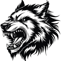 Angry wolf head showing his sharp teeth, mascot, logo, tattoo template, vector illustration