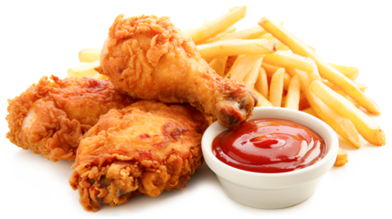 A mouthwatering display of crispy fried chicken legs, accompanied by a generous serving of golden French fries and a dollop of ketchup isolated on a transparent background