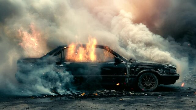 Scene of a car burning and smoking, animated virtual repeating seamless 4k