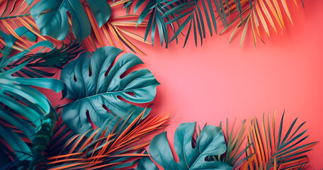 Fototapeta premium Tropical bright colorful background with exotic painted tropical palm leaves.Minimal fashion summer concept Generative AI.