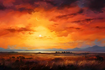 Fotobehang vibrant and colorful landscape painting. It features a sunset or sunrise over a large mountain with a snow-capped peak. The sky is painted in vivid shades  © manof