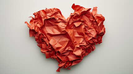 Crumpled up red paper that resembles heart shape on white background. copy space. generative ai