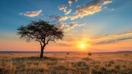 Sunset on African plains with acacia tree