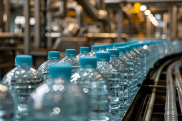 Fototapeta na wymiar Production and bottling of clean and healthy water in a bottled water production plant. Conveyor with bottles. 