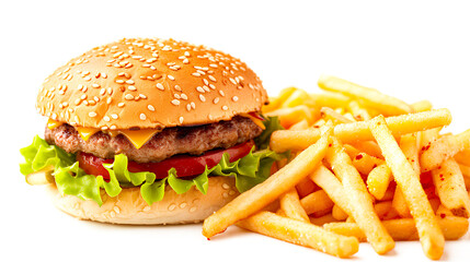 A fresh and juicy burger, cooked to perfection, with a golden, crispy batch of French fries isolated on a transparent background 