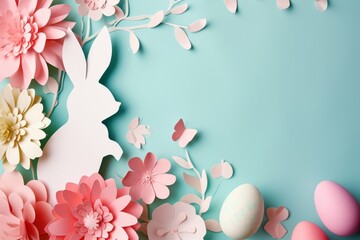An Easter bunny and eggs cut out of colored paper with flowers. Easter celebration concept, with copyspace	 - obrazy, fototapety, plakaty