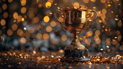 Golden trophy cup with confetti on a bokeh light background.