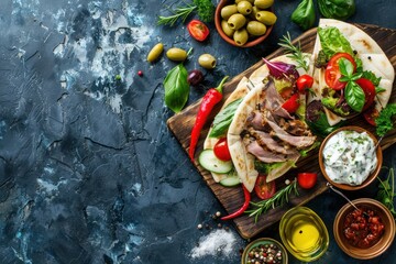 Cooking Traditional Greek Dish Gyros: Pita bread with vegetables, meat, herbs, olives on rustic wooden cutting board with Tzatziki sauce, olive oil top view, dark blue stone background, copy space. 