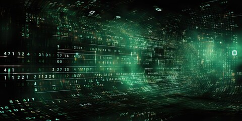 Digital data stream with bright light in center. Abstract technology concept background