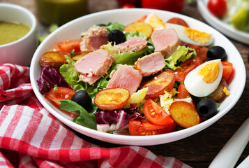 Traditional French tuna salad. Nicoise salad. Close  up