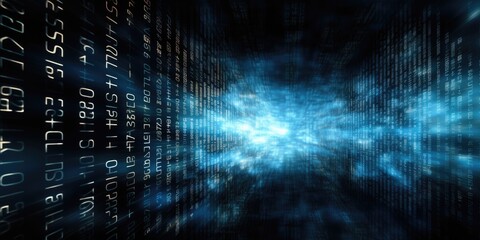 Digital data stream with bright light in center. Abstract technology concept background