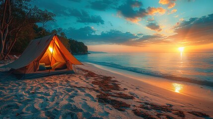 Exotic Tropical Paradise tent over the beach at sunset with worm summer sky. Landscape Seascape, Amazing beach scene vacation and summer holiday concept. - obrazy, fototapety, plakaty