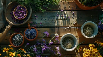 Obraz na płótnie Canvas An herbalist's table rich in variety and color, with bowls of dried lavender, chamomile, and rose petals, 