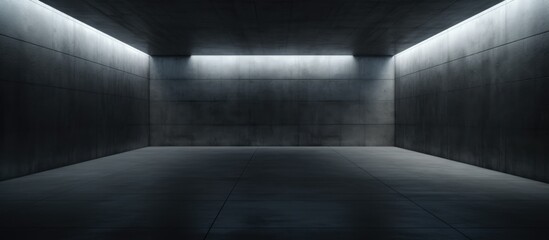 Obraz premium The room is dimly lit, revealing its concrete walls and floor. The minimalistic architecture creates an abstract and industrial atmosphere, with no visible furniture or occupants.