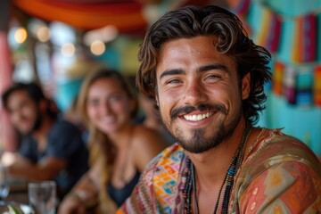 Smiling man with curly hair and ethnic necklace.