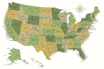 United States - Highly Detailed Vector Map of the USA. Ideally for the Print Posters. Green Yellow Golden Colors - obrazy, fototapety, plakaty