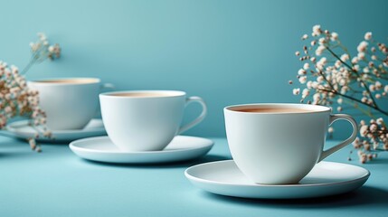 Fototapeta premium Set of white teacups on a pastel blue background.