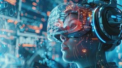 Fototapeta premium virtual reality engineering, engineers immersed in an immersive coding environment with a futuristic interface.