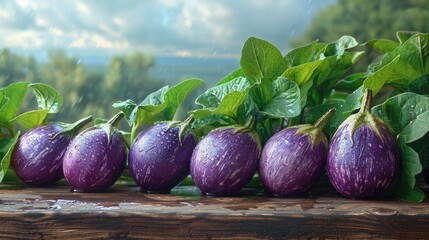 Eggplants with water droplets on wooden surface.