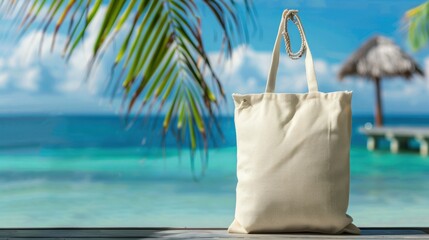 Blank Eco Cotton Tote Bag shopper with tropical sea background