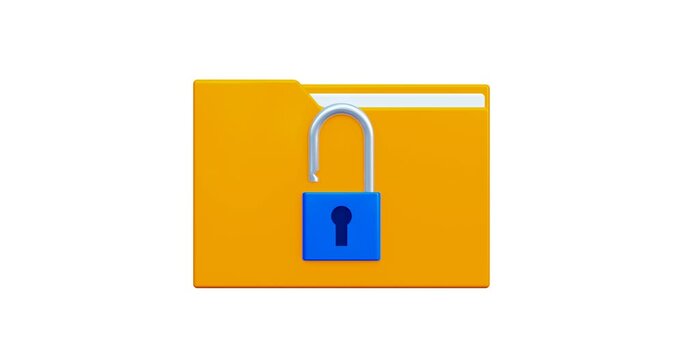 3D animation. Opening closed documents and folders. Protection of personal data. Hide secret files. Locking the device, entering a password. 3D 4k cartoon style animation.