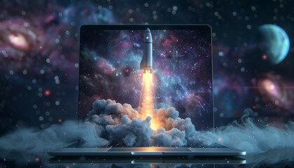Digital Exploration: Rocket Blasts Off from Laptop, the spirit of exploration in the digital realm with an image of a rocket blasting off from the screen of a laptop, AI
