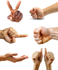 Coleção de 6 mãos em PNG: V de vitória, punho, soco, dedo apontando, palma da mão, joinha. Uso: design, comunicação, expressão, ilustração