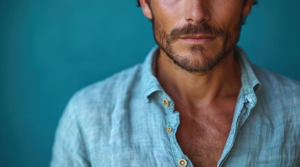 Obraz premium Man with a beard and blue shirt., Close-up of a man's face wearing a blue shirt., A man looking at the camera with his mouth closed., Portrait of a man in a blue shirt and beard..