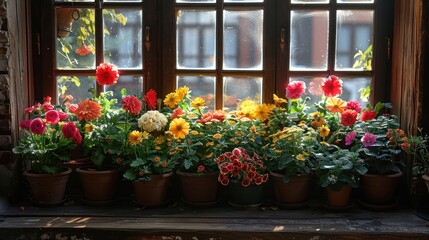 Fototapeta na wymiar Flowerpots hanging on window sill