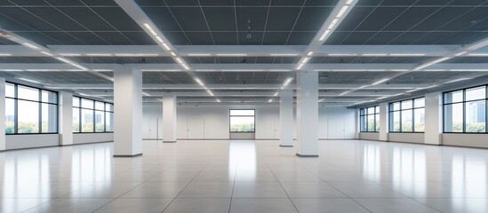 A modern empty office room with white walls and open ceiling design. Large windows let in natural light, creating a bright and airy atmosphere.