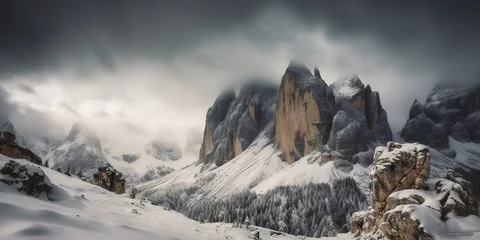 Fotobehang Cloud day rock hill mountain rock peak with snow at winter. Adventure expedition travel hiking scene view © Graphic Warrior