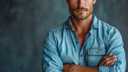 Man in Blue Jeans and Button-Up Shirt, Hands on Hips: Man's Confident Stance, The Face of a Man with a Beard and Mustache, A Portrait of a Young Man Wearing Denim. - obrazy, fototapety, plakaty