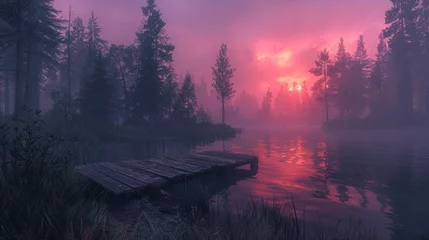 Papier Peint photo Lavable Aubergine Dusk Serenity by the Lake. A serene landscape featuring a tranquil lake, tall pine trees, and a small wooden dock, under a pink and purple sky.
