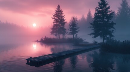 Dusk Serenity by the Lake. A serene landscape featuring a tranquil lake, tall pine trees, and a small wooden dock, under a pink and purple sky.