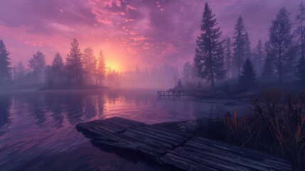 Dusk Serenity by the Lake. A serene landscape featuring a tranquil lake, tall pine trees, and a small wooden dock, under a pink and purple sky. - obrazy, fototapety, plakaty