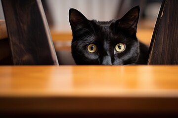 Black cat with yellow eyes is sitting at the table at home.