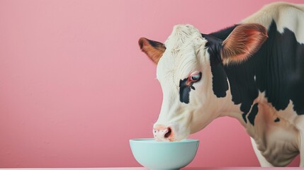 a cow drinking from a bowl - obrazy, fototapety, plakaty