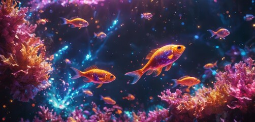 Obraz na płótnie Canvas Glowing Fish Swimming Near Coral Reef Bottom