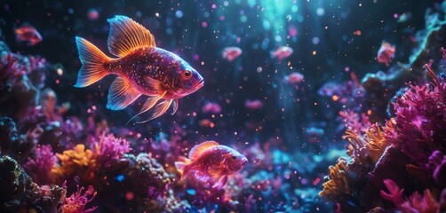 Fototapeta na wymiar Luminous Fish Explore Seabed Alongside Coral Reefs