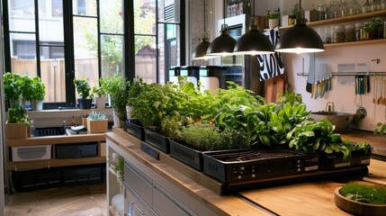 Modern indoor hydroponic garden in urban apartment shines as an oasis of sustainable living