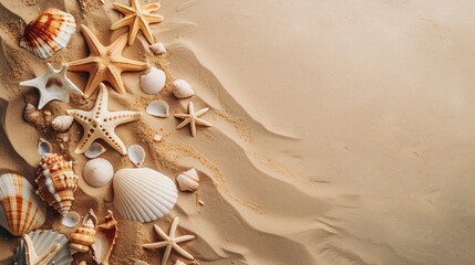 Fototapeta na wymiar Commercial photography, A flat lay shot of sand with shells and sea_ space for copy space on the left