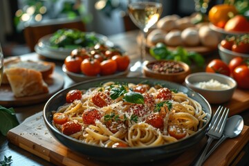 Delicious spaghetti with cherry tomatoes, basil, and grated cheese, perfectly paired with a glass of wine