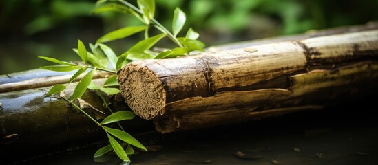 A close-up view of a plant sprouting from a bamboo log, showcasing the intricate details of natures...