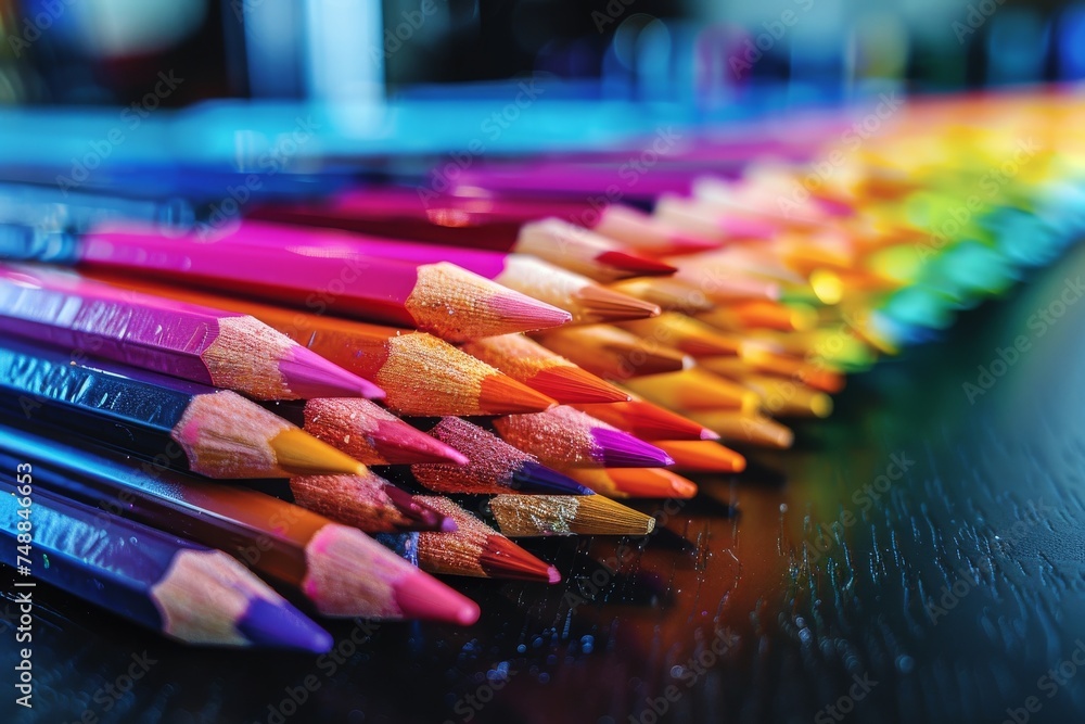 Poster a vibrant and colorful array of sharp colored pencils laid out on a reflective black surface represe