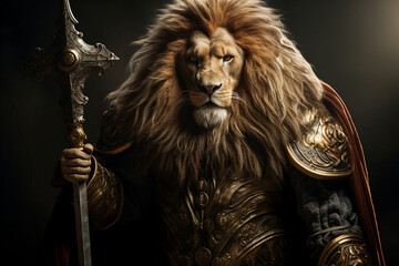 Generative AI illustration image of wild animal lion king knight with armor and sword