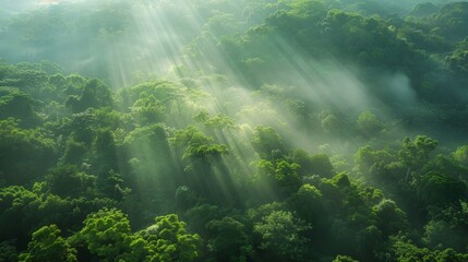 Sun rays pierce through forest canopy, casting a mystical glow over the lush woodland landscape - obrazy, fototapety, plakaty