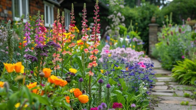 cottage garden summer scene, flower beds with typical cottage garden flower, photography
